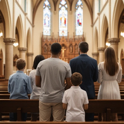 A diverse Catholic family attending Mass together, soft natural light, no text, no words, no typography, clean image