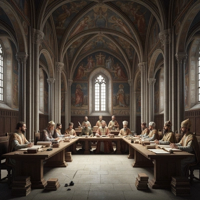Ancient scholars debating texts in a grand hall, representing an ecumenical council