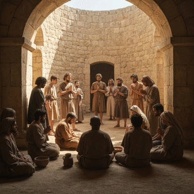 Early Christian community gathering in an ancient setting, diverse group, natural light, no text, no words, no typography, clean image