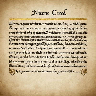 Ancient historical document, Nicene Creed text, illuminated manuscript style