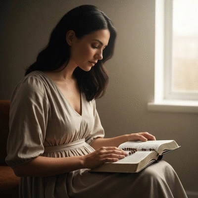 Woman reading a Bible with a rosary nearby, serene lighting, focus on scripture