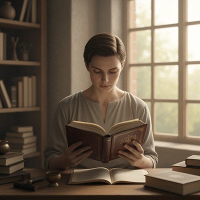 Person studying religious texts, symbolizing prudence and reflection