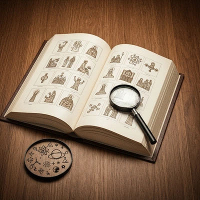 An open book representing faith and a magnifying glass over scientific symbols representing reason, harmoniously combined on a wooden table