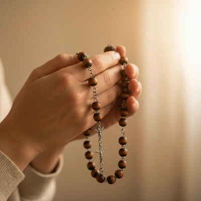 Person praying with rosary, symbolizing embracing the Creed in daily life